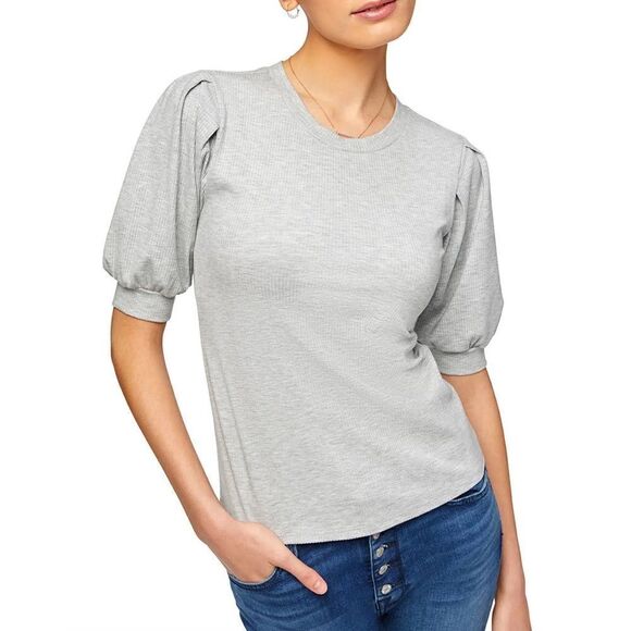 7 For All Mankind Pleated Puff Shoulder Power Dib Tee in Heather Grey - Picture 1 of 6